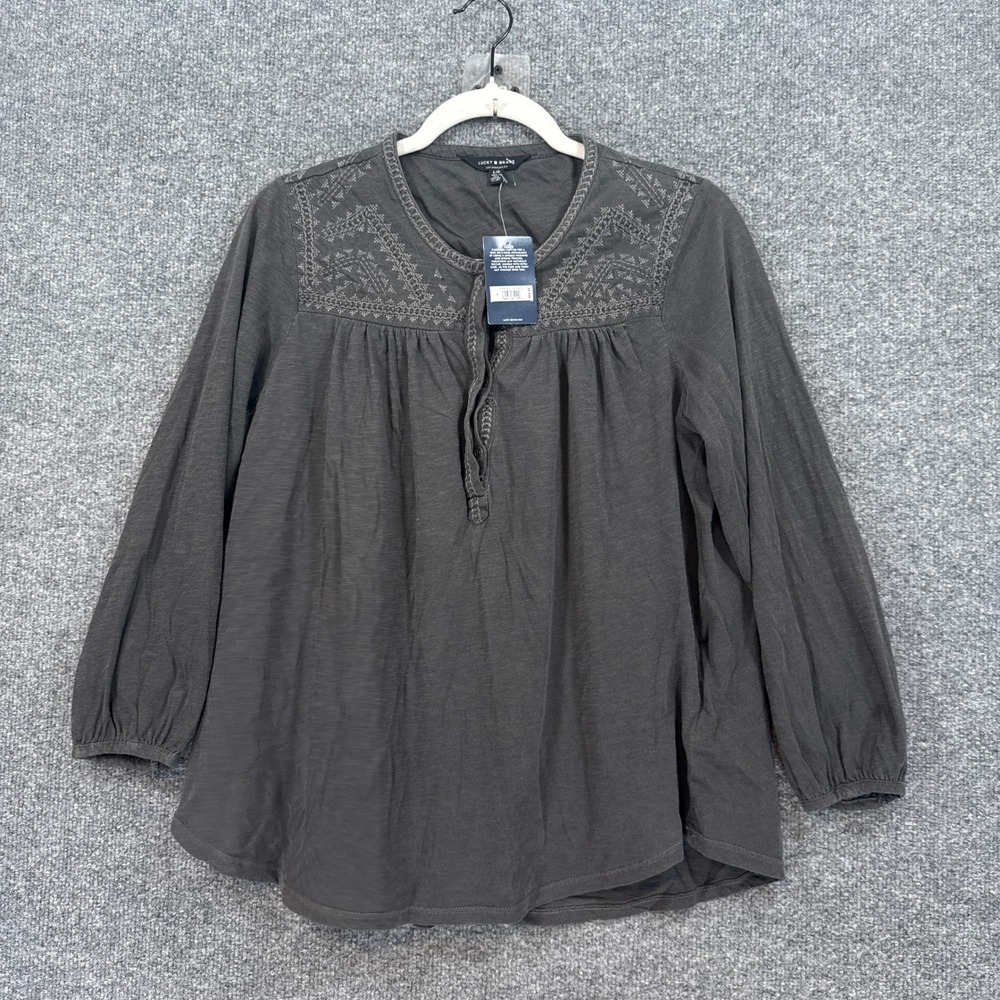 Lucky Brand Peasant Blouse Women Large Gray Long Sleeve Boho Top Relaxed NEW